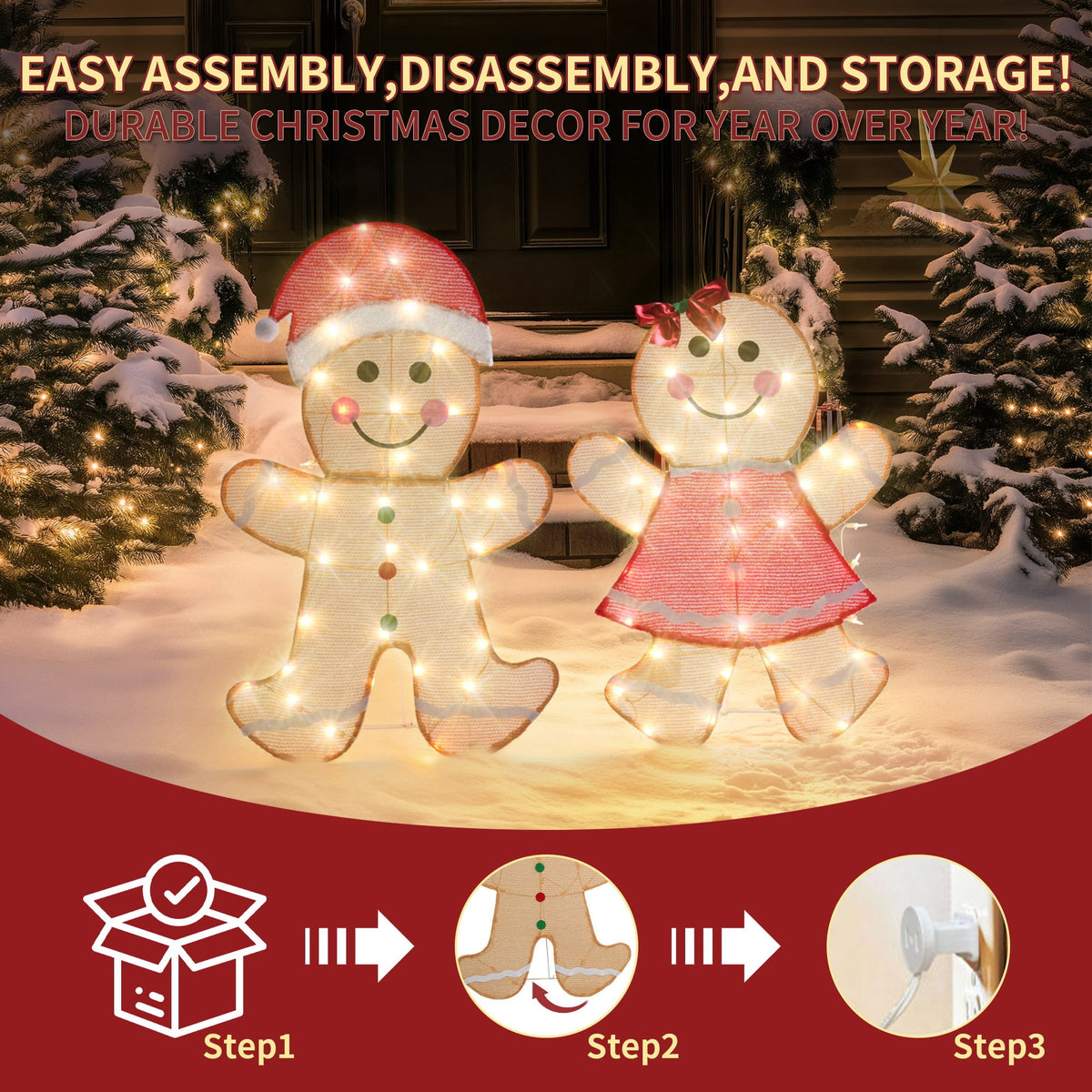 DEORAB 2-Pieces Outdoor Christmas Gingerbread Man lghting Decorations Xms Indoor Yard Garden Lawn Holiday Festive Light-up Decor, 70 LED Lights