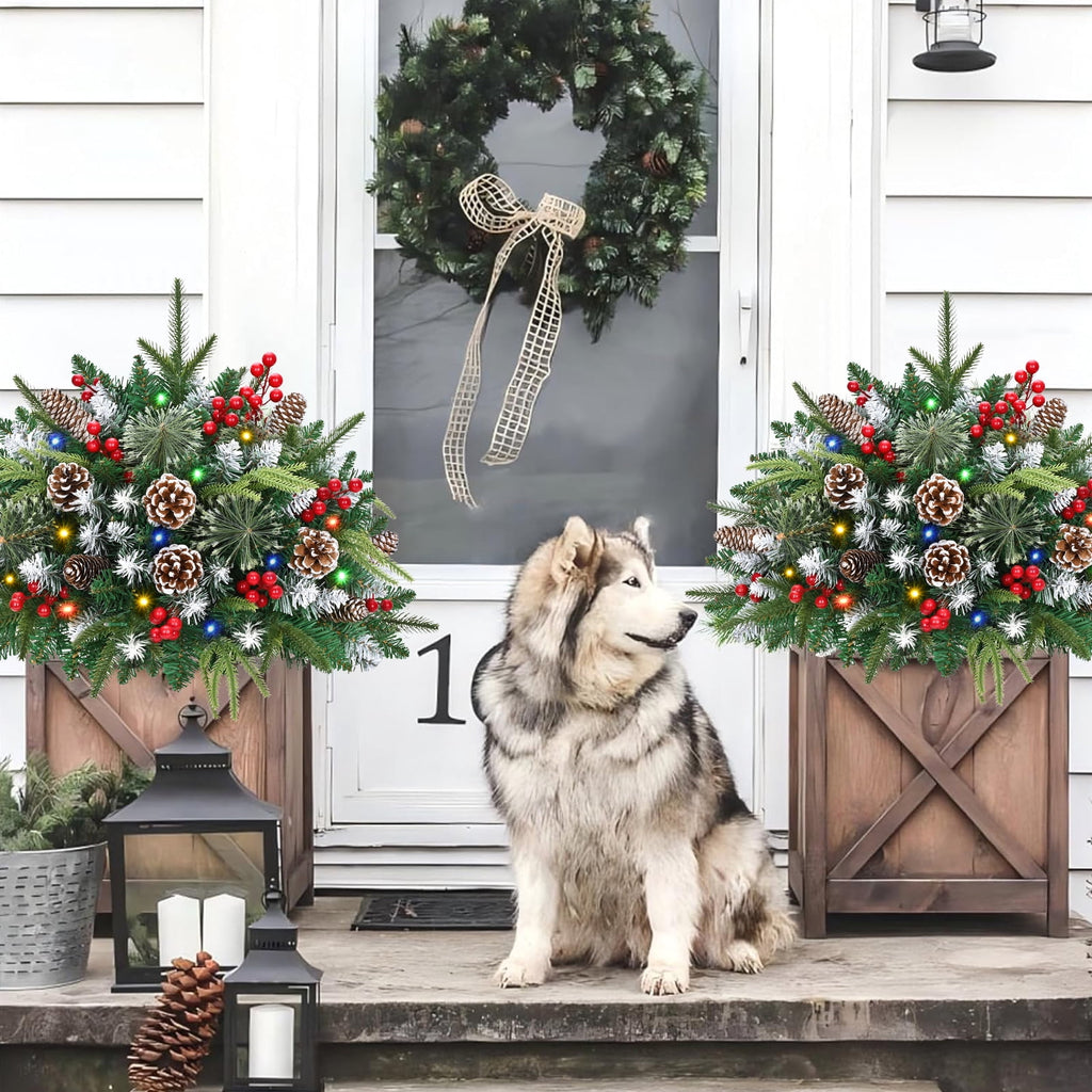 Ikfashoni 2 Pack Christmas Urn Filler, Pre-lit Outdoor Christmas Tree with Remote, Artificial Christmas Porch Pathway Decoration
