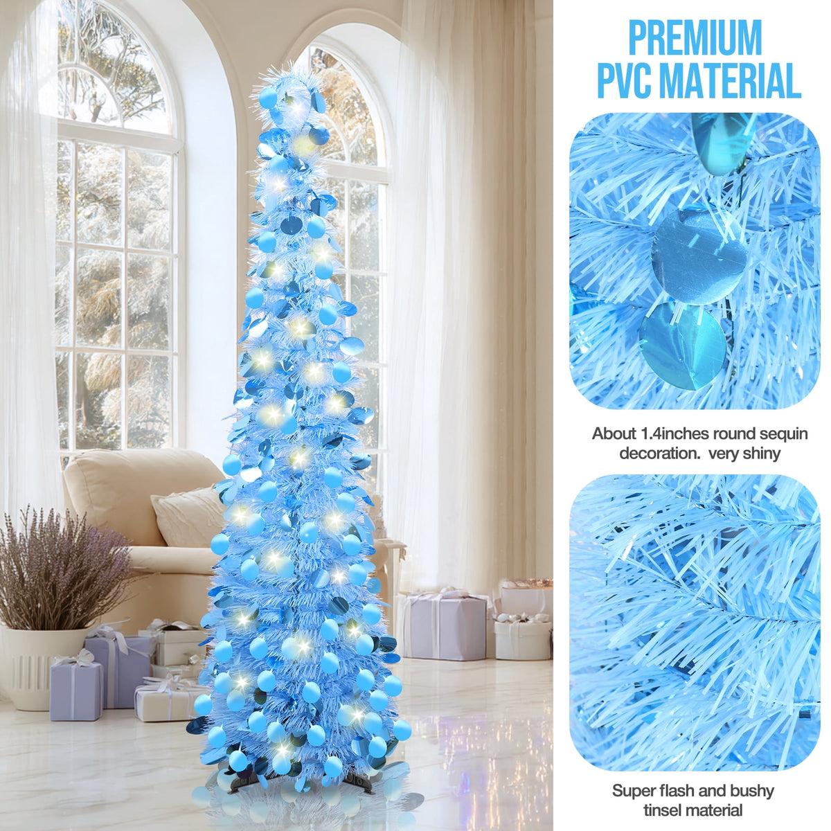 Ayieyill 5ft Pencil Christmas Tree, Collapsible Xmas Tree with Lights, Pop Up Tinsel Tree for Christmas Decorations Indoor, Pink White