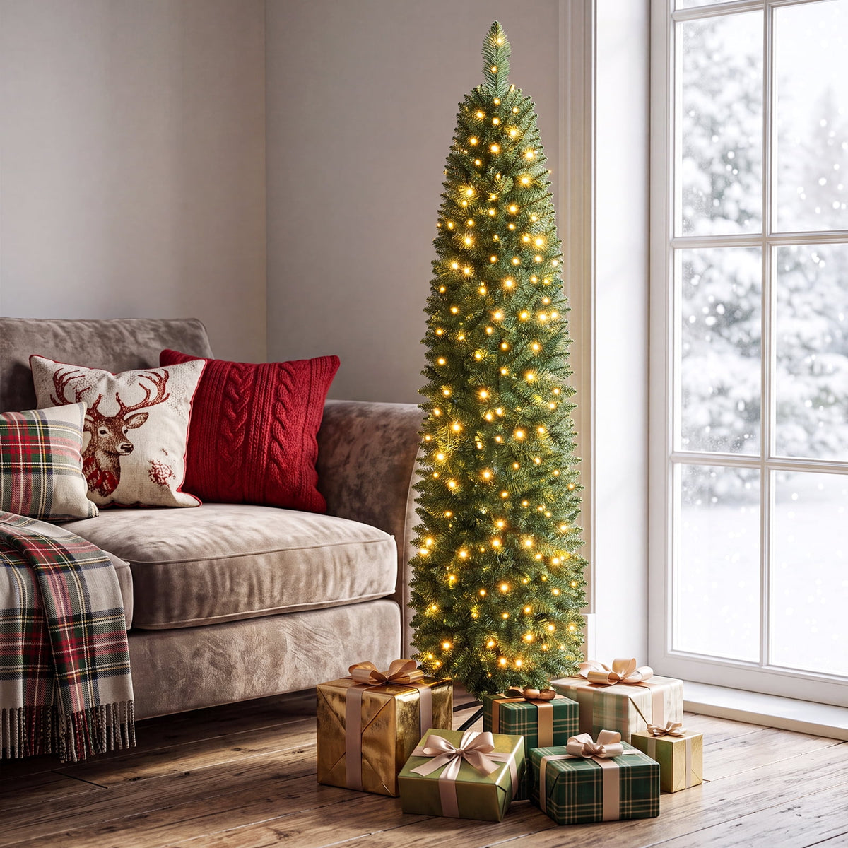 Costway 5 FT Pre-Lit Pencil Christmas Tree with 150 LED Lights & 296 Branch Tips Party