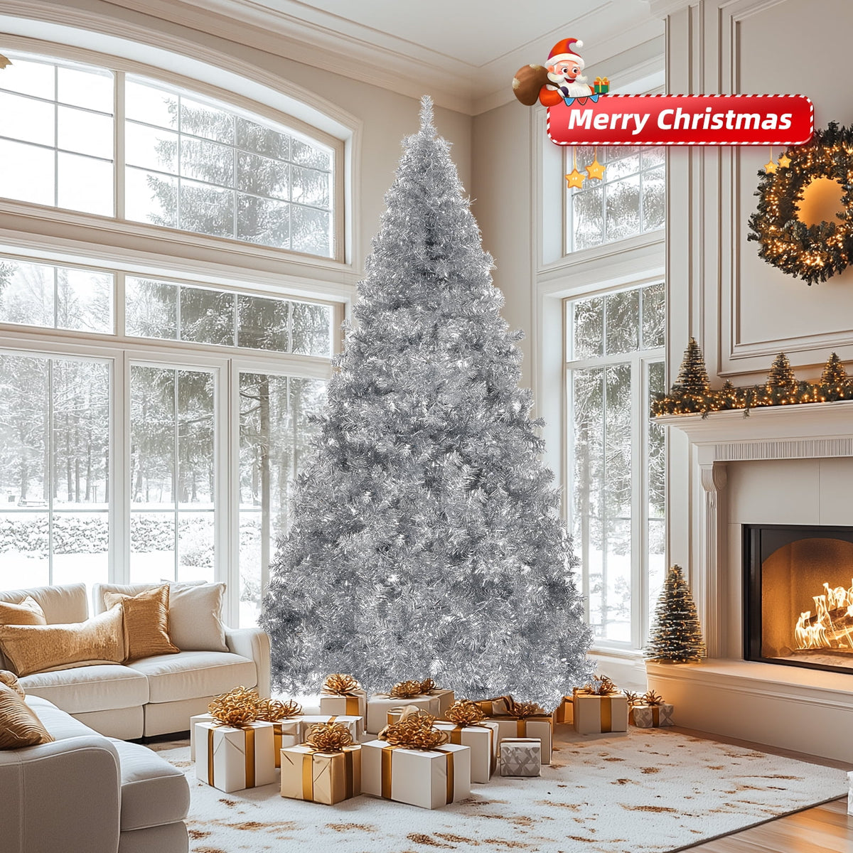 UBesGoo 6ft Pre-Lit White Christmas Tree, Hinged Artificial Pine, Silver