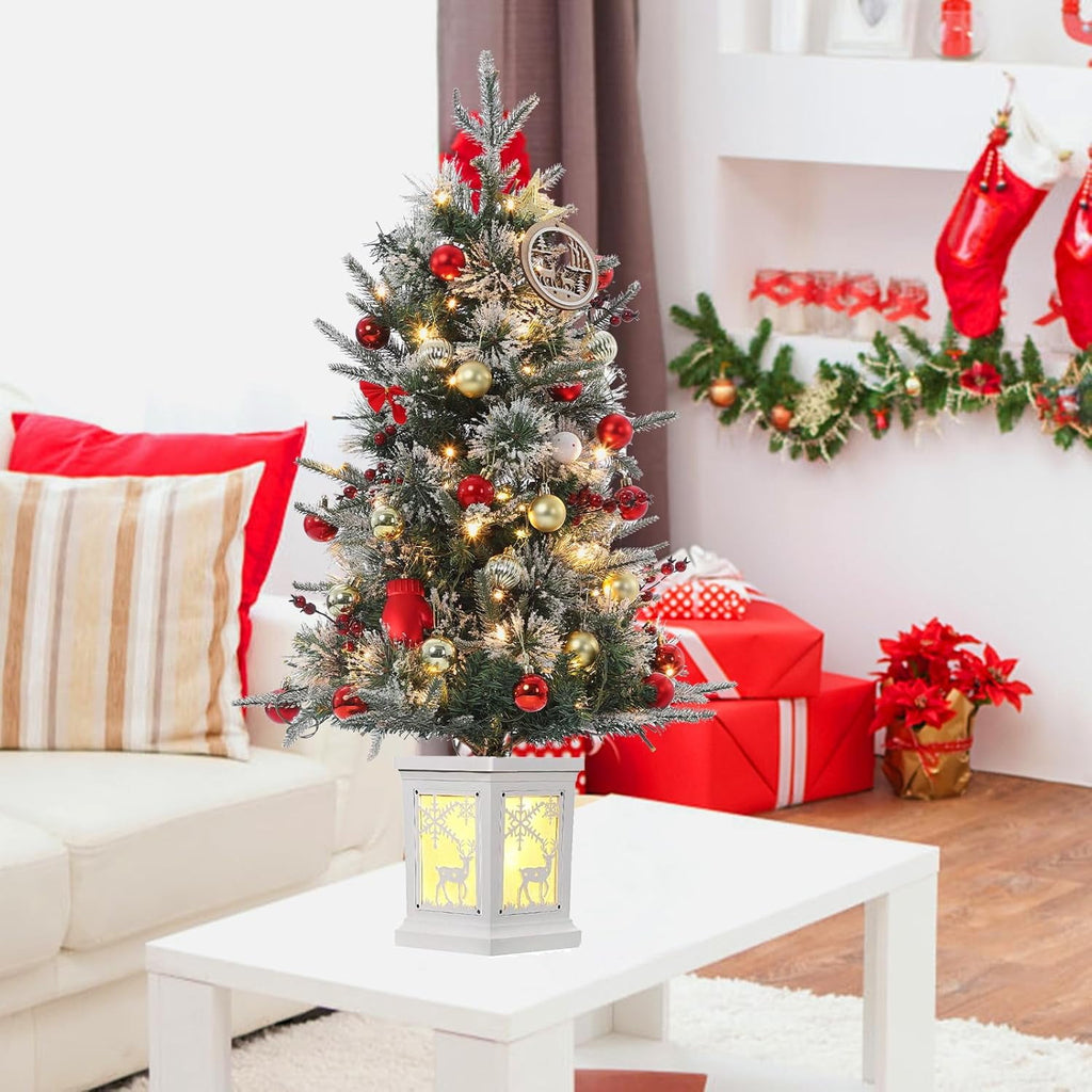 4ft Pre-Lit Artificial Christmas Tree with Large Box Base, 200 LED Lights, 4 Red Berries, Full Snow Branch Tips, Small Snowy Christmas Tree for Home, Office