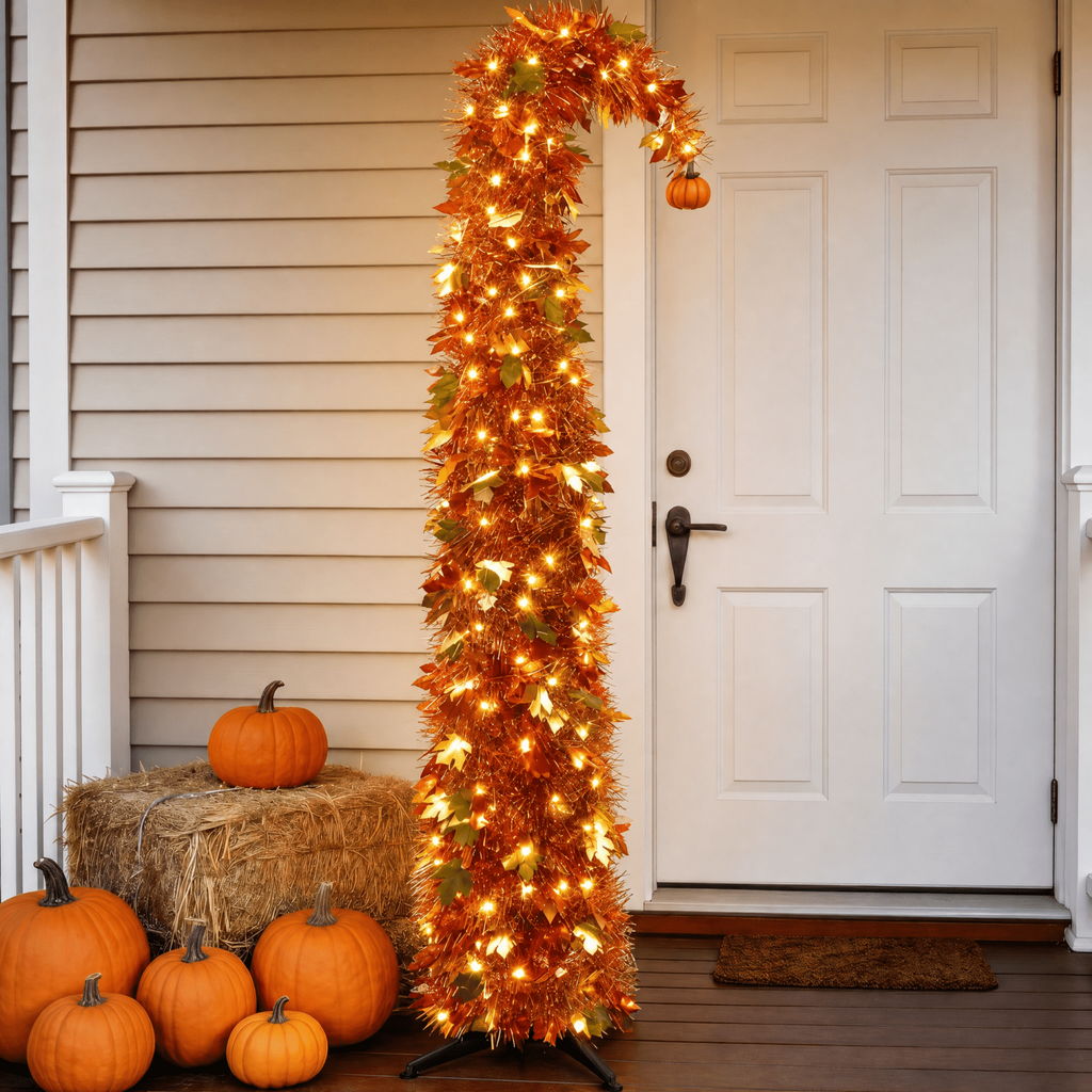 6FT Slim Pop Up Halloween Thanksgiving Tree with Fairy Lights Harvest Tree with Maple Leaves Pumpkins Foldable Collapsible Pencil Fall Tree for Outdoor Porch Patio Deck Living Room Decor