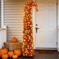 6FT Slim Pop Up Halloween Thanksgiving Tree with Fairy Lights Harvest Tree with Maple Leaves Pumpkins Foldable Collapsible Pencil Fall Tree for Outdoor Porch Patio Deck Living Room Decor