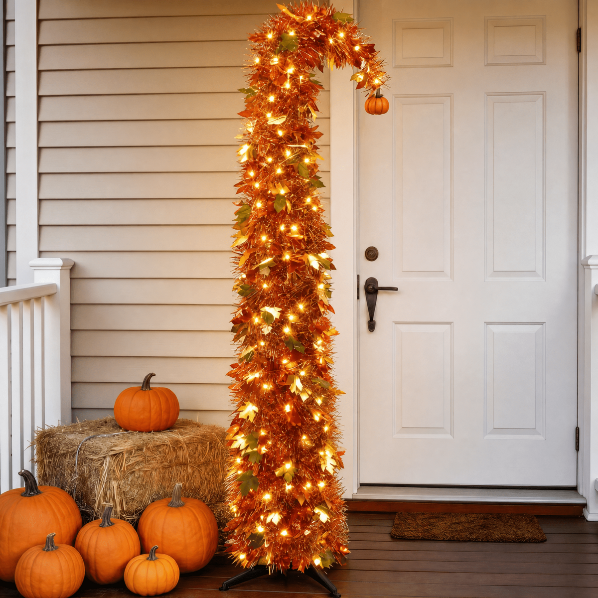 6FT Slim Pop Up Halloween Thanksgiving Tree with Fairy Lights Harvest Tree with Maple Leaves Pumpkins Foldable Collapsible Pencil Fall Tree for Outdoor Porch Patio Deck Living Room Decor