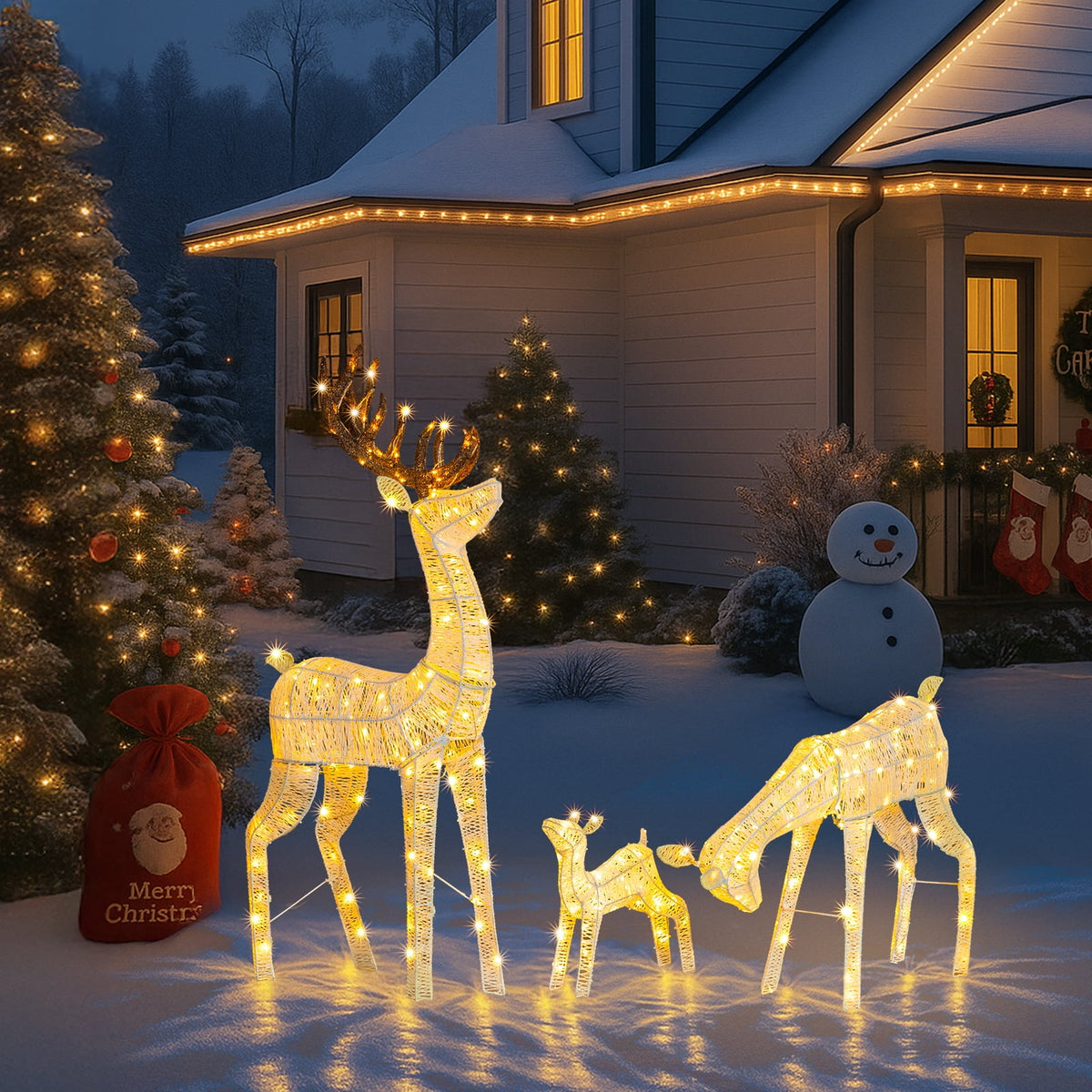 Ktaxon Christmas Outdoor Decor 4FT Lighted Reindeer Set 3Pcs Yard Deer Decorations LED Lights - Gold