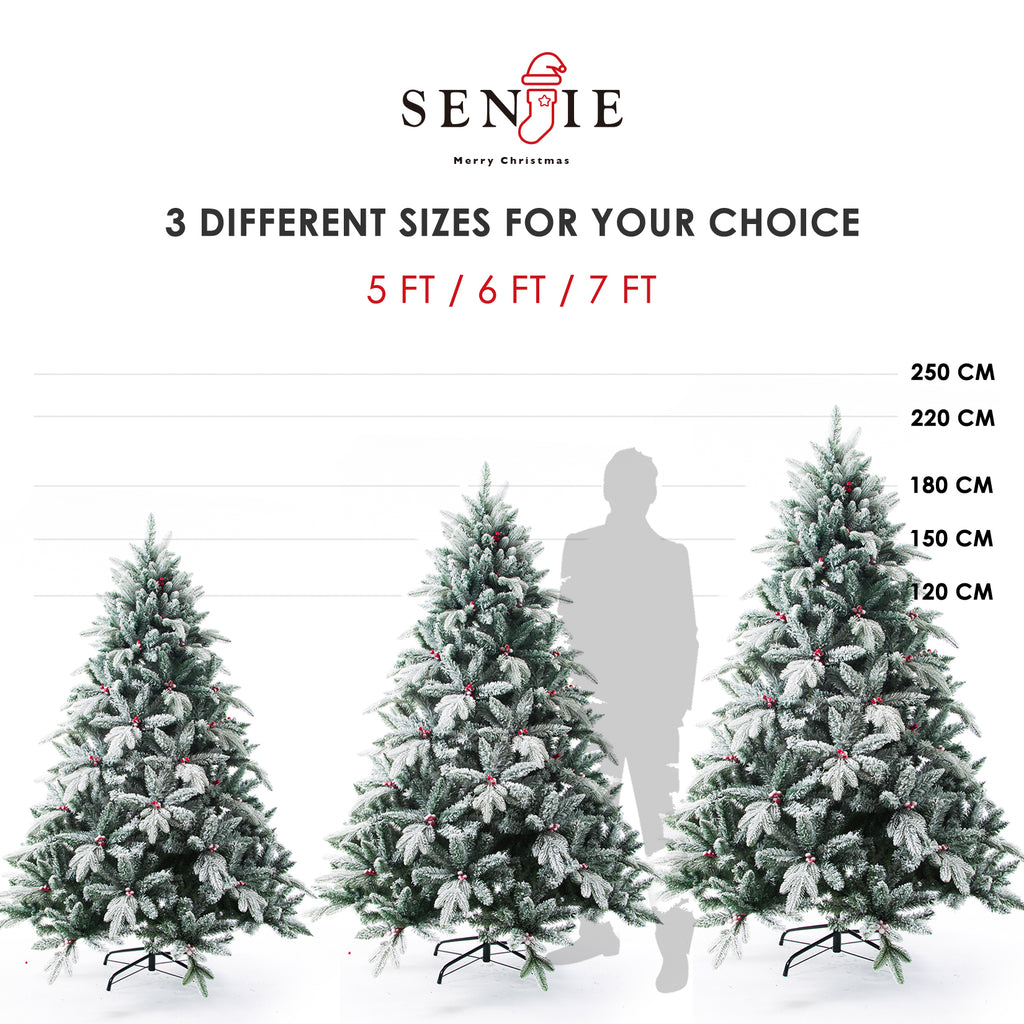 Senjie Snow Flocked Christmas Tree,Real Touch Artificial Tree with Red Berry Unlit 4.5 FT