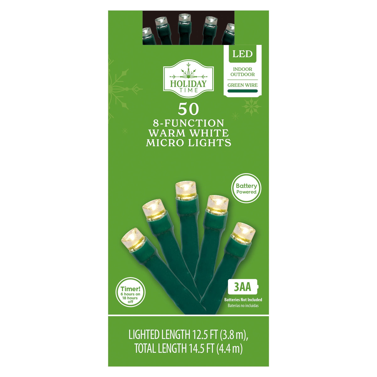 Indoor/Outdoor 50-Count Battery-Operated LED 8-Function Micro Christmas String Lights, Warm White, Green Wire, 12.5', by Holiday Time