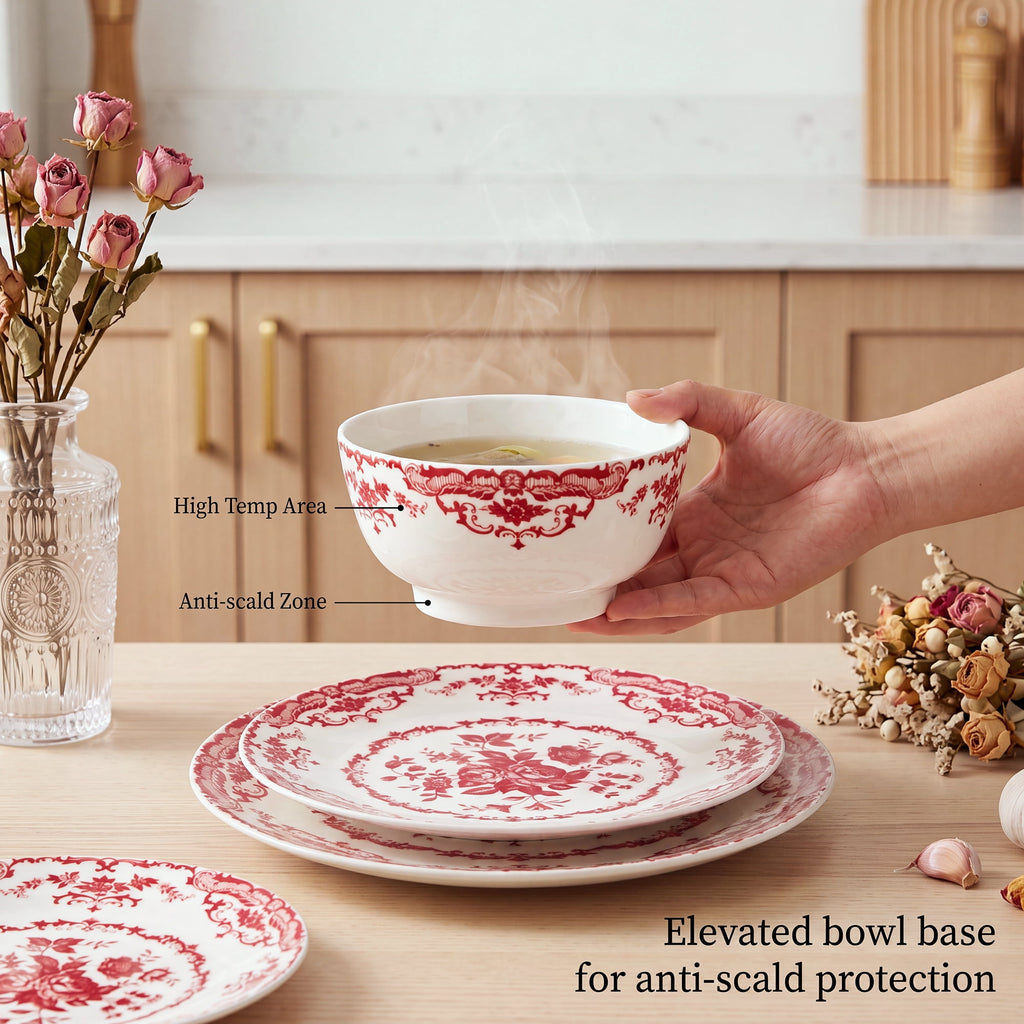 Onader 12 Piece Tableware Set, Rose Floral Dinnerware Set for 4, Ceramic Plates and Bowls Sets for Home Kitchen Restaurant, Scratch Resistant & Microwave Safe, Red