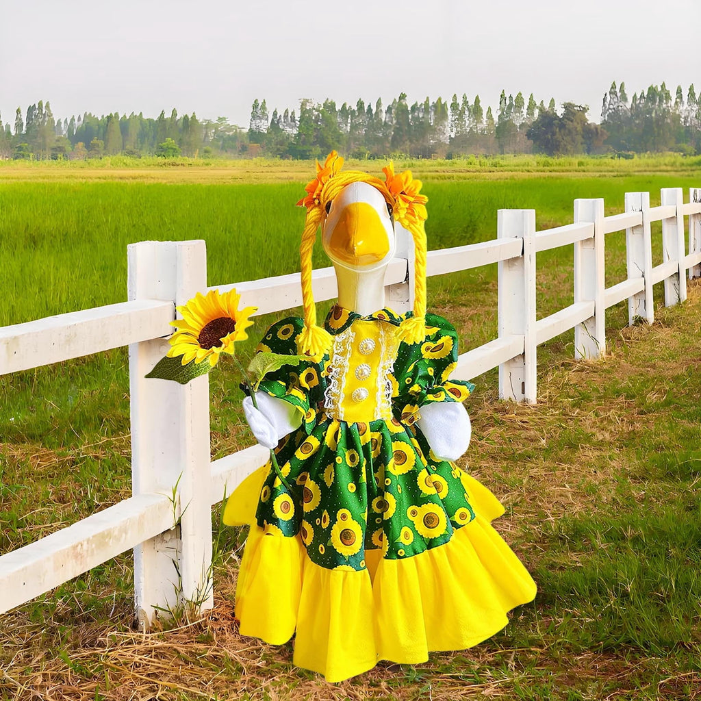 AZXY Thanksgiving Porch Goose Outfit, 23 Inch Lawn Goose Costume with Pilgrim Hat & Pumpkin Turkey Print Dress, Goose Clothes for Cement Plastic Goose Statue, Outdoor Yard Patio Fall Garden Decor