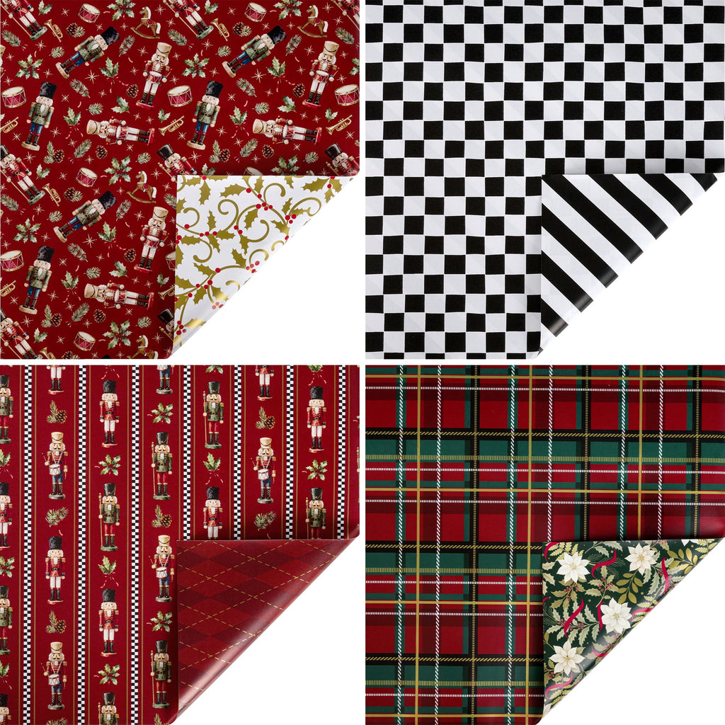 LaRibbons Nutcracker Wrapping Paper, 30" x 10' Holiday Reversible Metallic Gift Wrap Kit, Holly Nutcracker Plaids and Checks