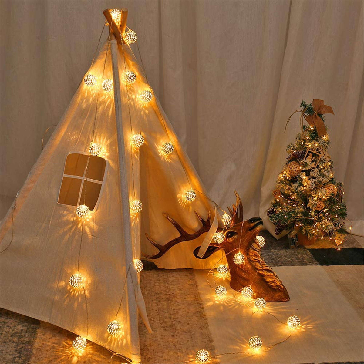 Moroccan Hollow Metal Ball LED String Light Metallic Fairy Globe Decor Lamp Home Room Aesthetic Living Room Bedside Cozy Modern Minimalist Nightlight Gift Trendy Housewarming 300cm,1PC