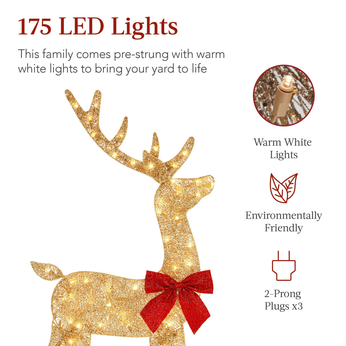 Best Choice Products 3-Piece 2D Deer Family Set, Lighted Christmas Outdoor Decoration w/ 175 Lights, Stakes - Gold