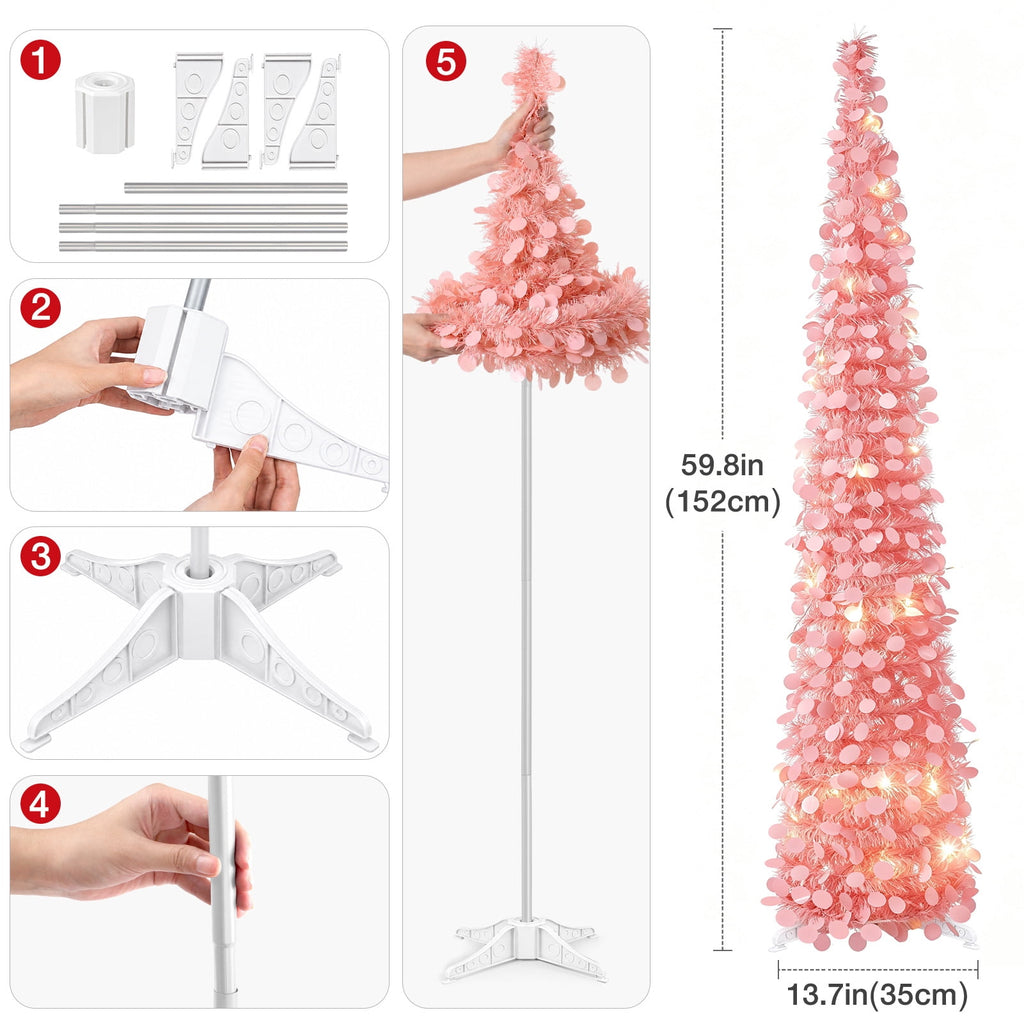 Ayieyill 5ft Pencil Christmas Tree, Collapsible Xmas Tree with Lights, Pop Up Tinsel Tree for Christmas Decorations Indoor, Pink White