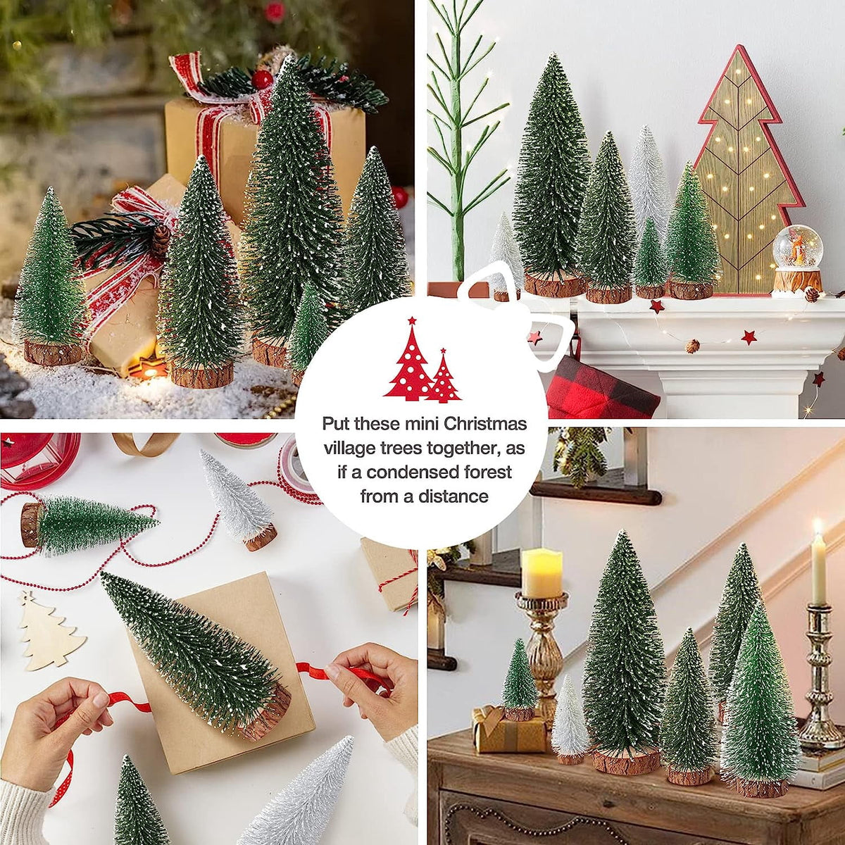 Ayieyill 9Pcs Mini Christmas Trees Christmas Decor Artificial Christmas Decorations with 4 Sizes, Christmas Tree Bottle Brush Trees Christmas Table Decorations (Pink+White)
