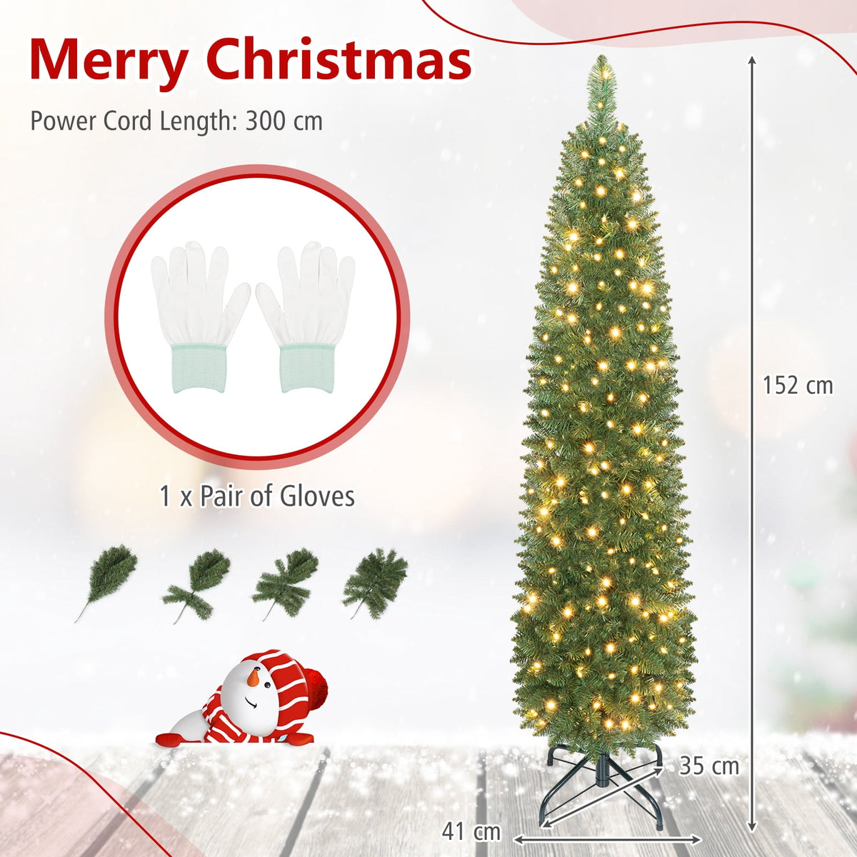 Costway 5 FT Pre-Lit Pencil Christmas Tree with 150 LED Lights & 296 Branch Tips Party