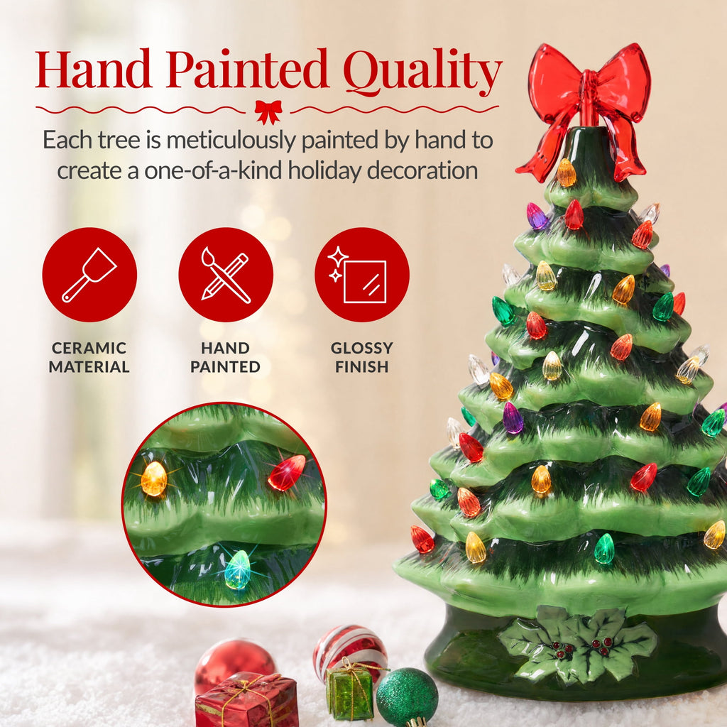 Best Choice Products 15in Ceramic Christmas Tree, Pre-lit Hand-Painted Tabletop Holiday Tree, Gingerbread Red/White/Grn