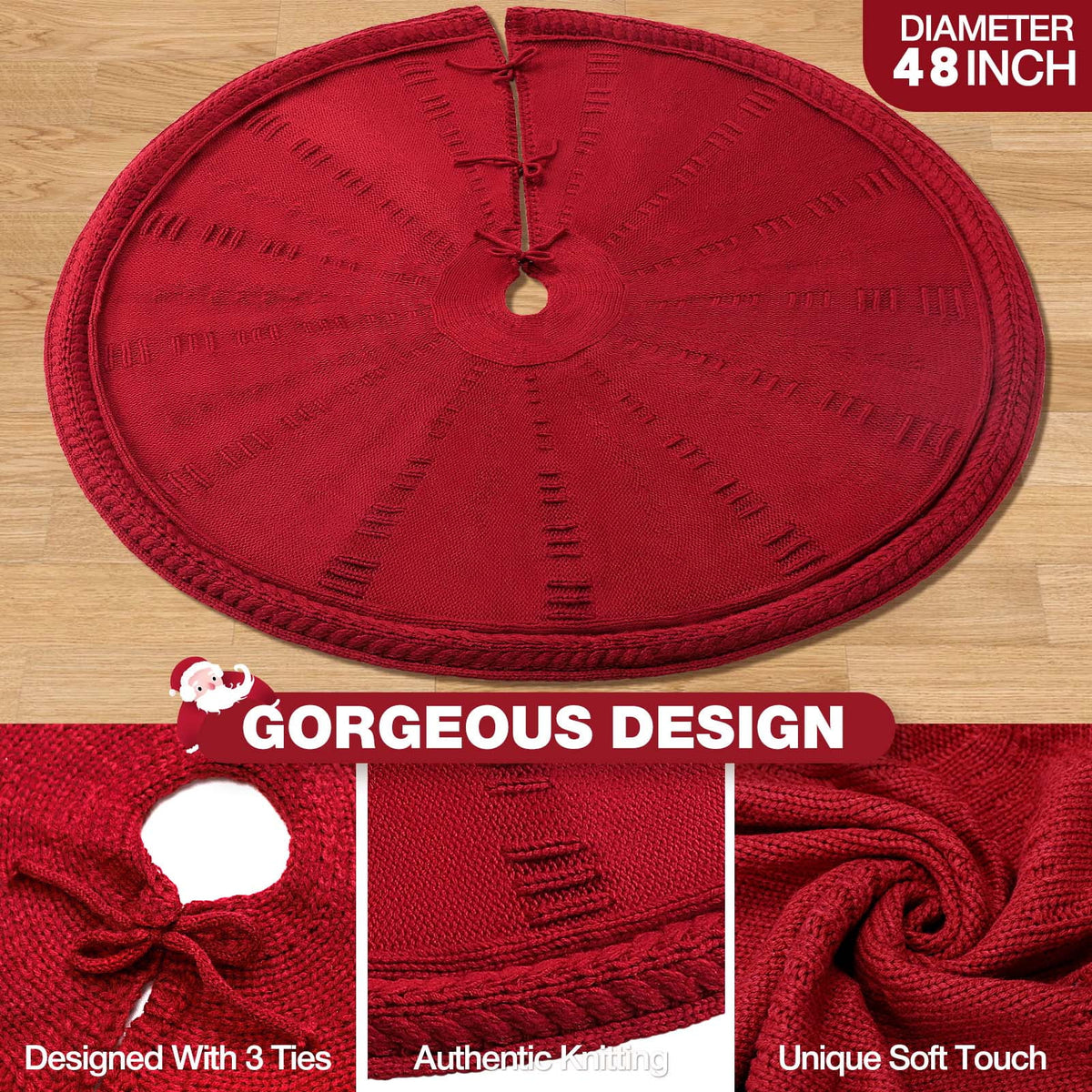 Ayieyill Christmas Tree Skirt, 48 inches Cable Knit Knitted Thick Rustic Xmas Tree Skirts Decoration, Red Tree Skirt Christmas Decoration, Burgundy