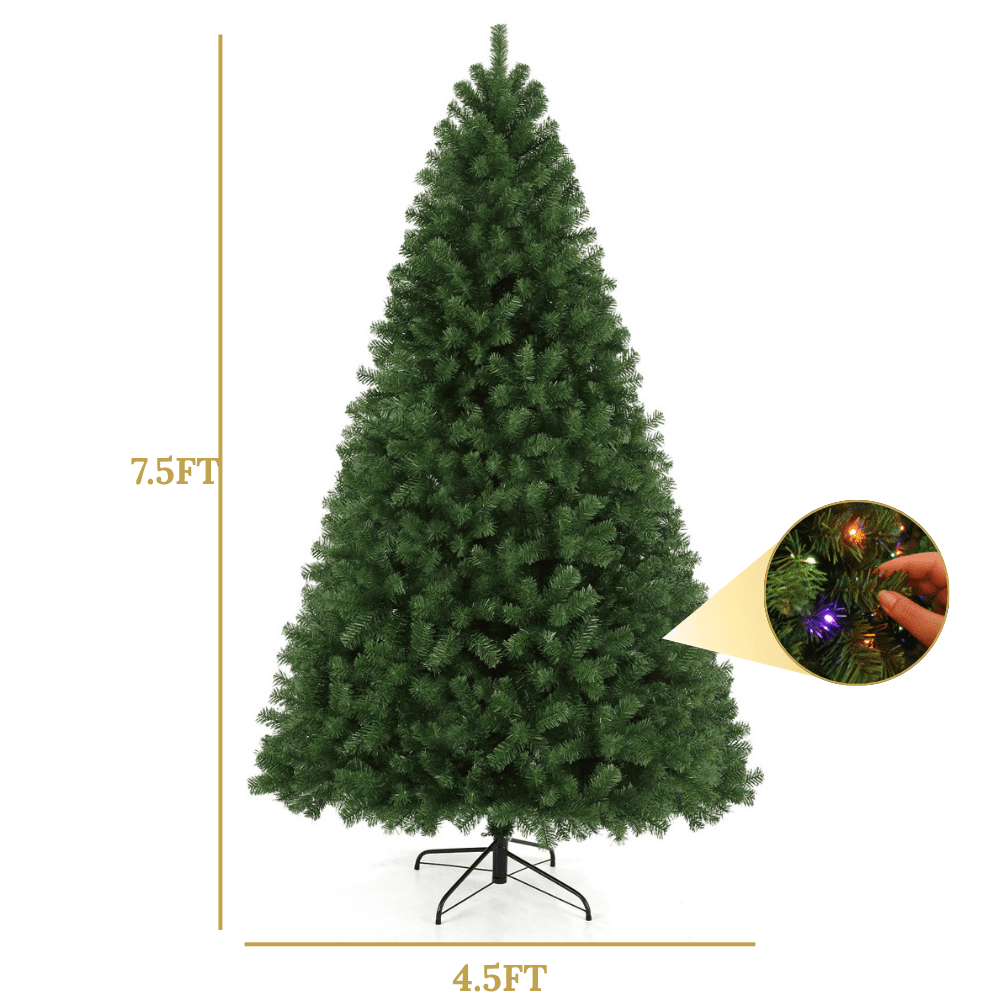 Legooin 7.5FT Pre-lit Artificial Christmas Tree with 1300 Branch Tips + 400 Multicolored Lights, 3-Section Easy Assembly Xmas Tree with Metal Stand for Indoor Outdoor Holiday Decor, Green