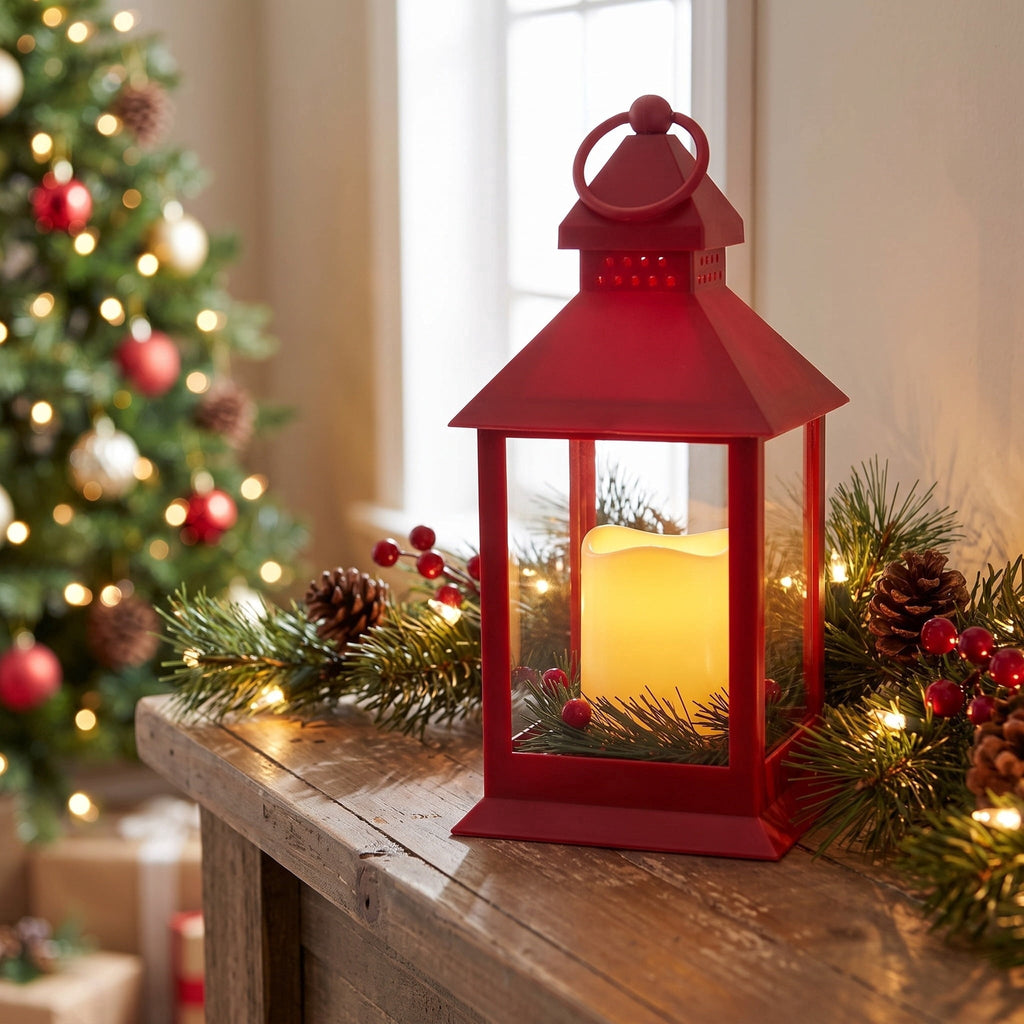 LED Pillar Candle Lantern Christmas Decoration, Red, 9", by Holiday Time