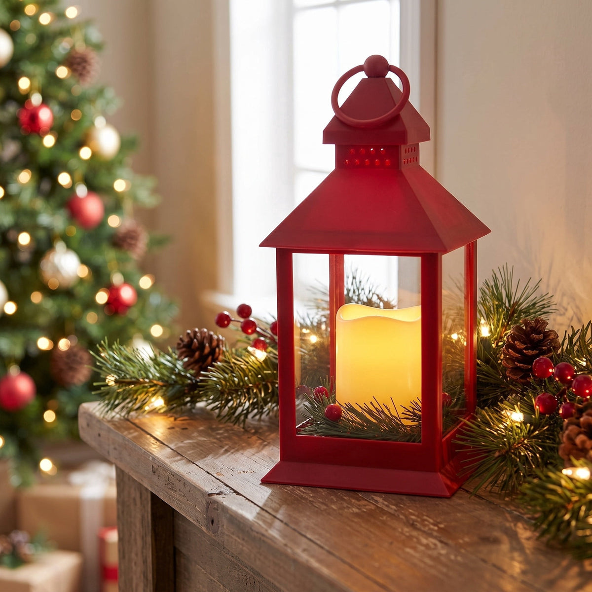 LED Pillar Candle Lantern Christmas Decoration, Red, 9", by Holiday Time