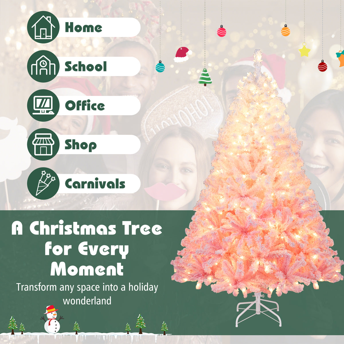 Costway 6 FT Artificial Christmas Tree with 250 Warm White LED Lights, 8 Lighting Modes & Folding Metal Stand White & Pink