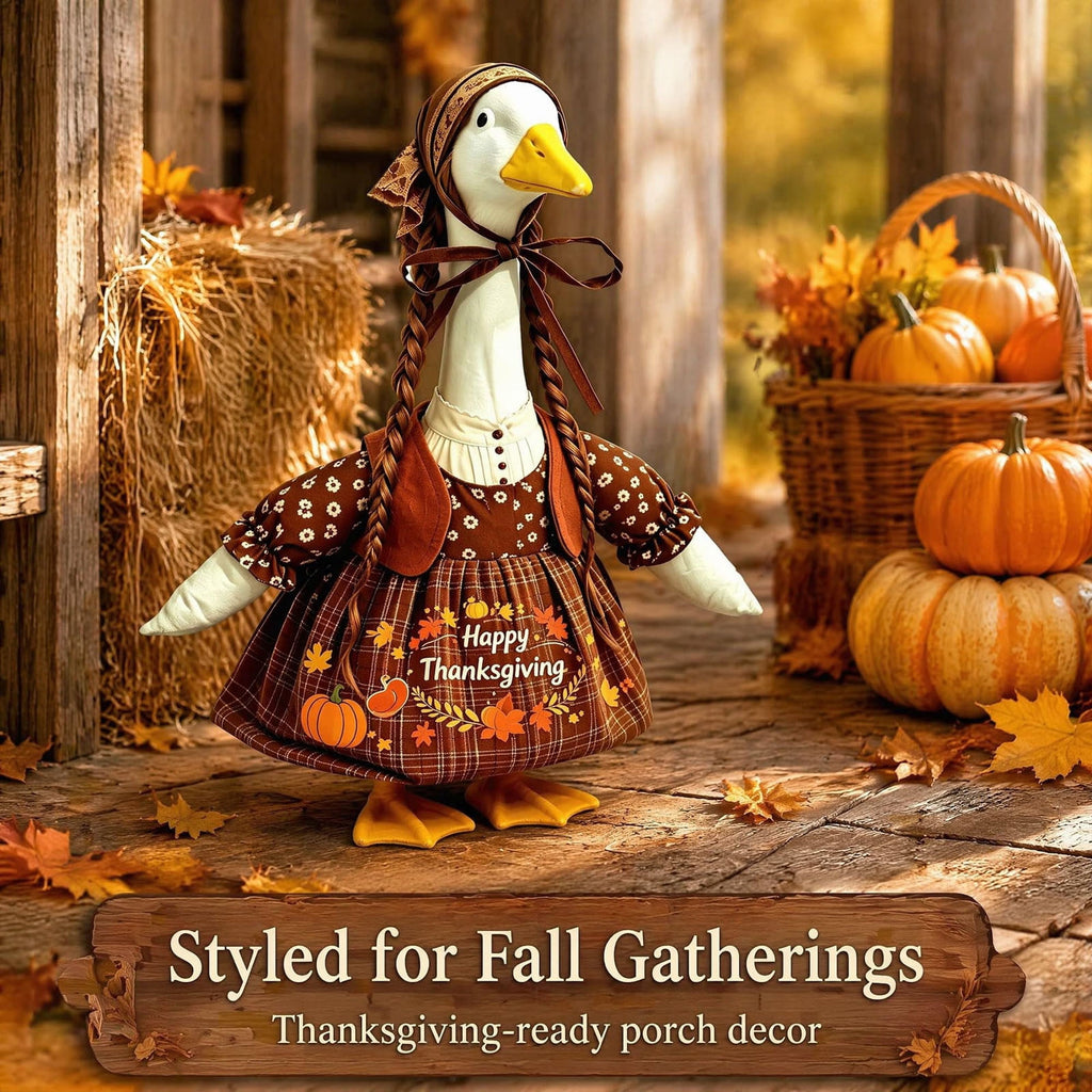 AZXY Thanksgiving Porch Goose Outfit, 23 Inch Lawn Goose Costume with Pilgrim Hat & Pumpkin Turkey Print Dress, Goose Clothes for Cement Plastic Goose Statue, Outdoor Yard Patio Fall Garden Decor