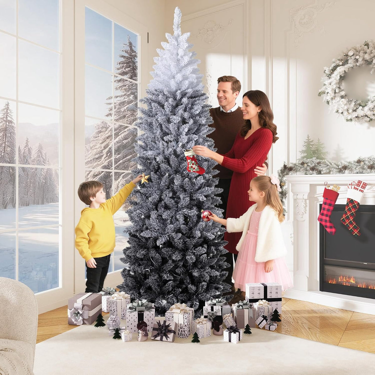 4.5/6/7.5/9 ft Flocked Pencil Christmas Tree with 100 Lights, Pre Lit Tall Skinny Christmas Tree with PVC Branch Tips, Premium Hinged Xmas Tree with Metal Base, Slim Artificial Christmas Tree