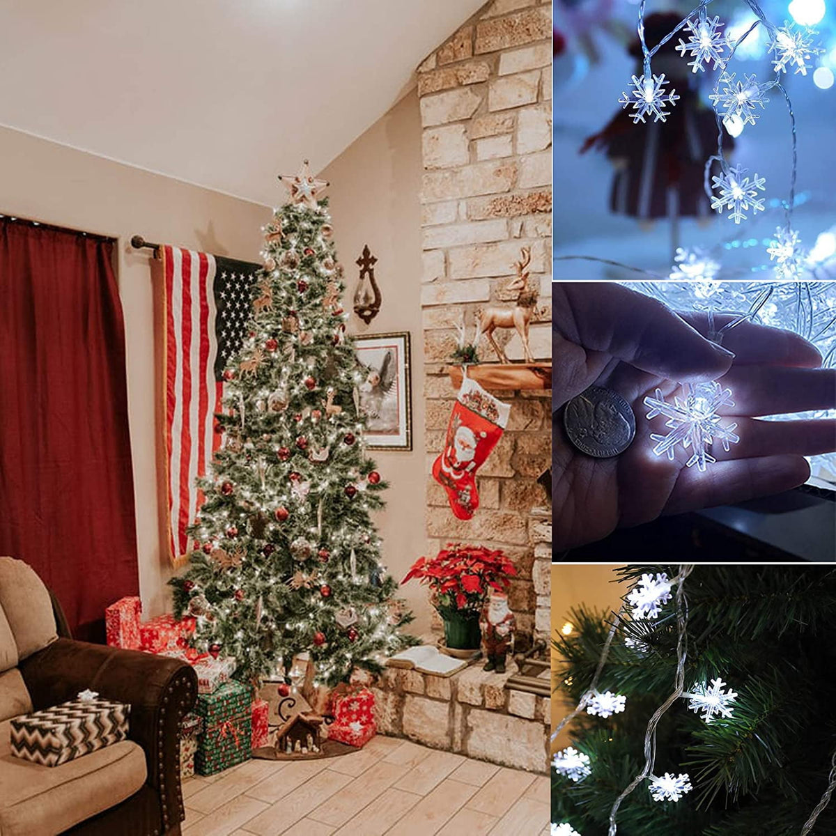SOMNR Snowflake Christmas Lights 20FT 40 LED, ,Waterproof Fairy Lights for Room Decorations, Outdoor Indoor Patio Decor (Cool White)