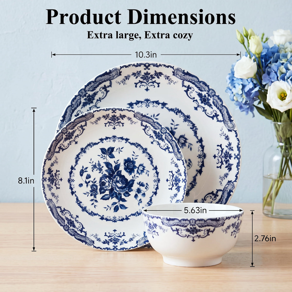 Onader 12 Piece Tableware Set, Rose Floral Dinnerware Set for 4, Ceramic Plates and Bowls Sets for Home Kitchen Restaurant, Scratch Resistant & Microwave Safe, Red
