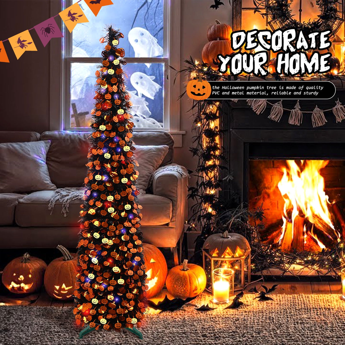 Ayieyill 5ft Halloween Tree Prelit, Pencil Pop up Tree with Light Halloween Decoration | Indoor | Black