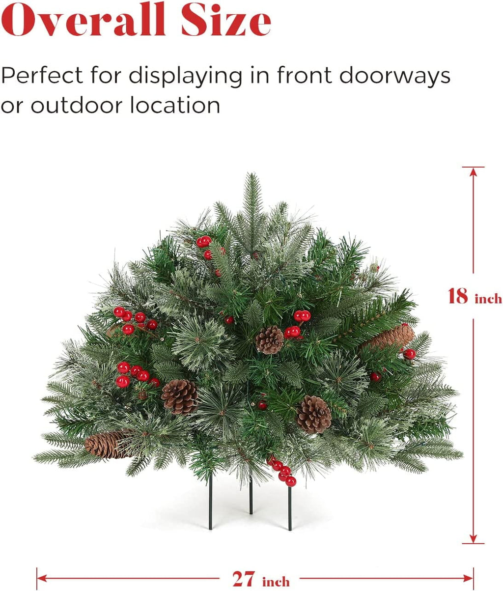 OasisCraft Outdoor Christmas Tree Frosted Urn Filler, Pre-lit Artificial Xmas Tree with Cones & Red Berries, 18 Inch Small Christmas Tree with 50 Warm Lights