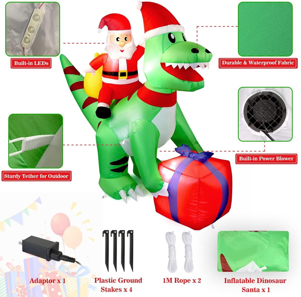 7FT Christmas Inflatable Decorations Clearance, Giant Xmas Santa Dinosaur Blow Up LED Light Up Indoor Outdoor Yard Decorations with Gift Box, Holiday Xmas Party Patio Garden Lawn New Year Kids Gifts