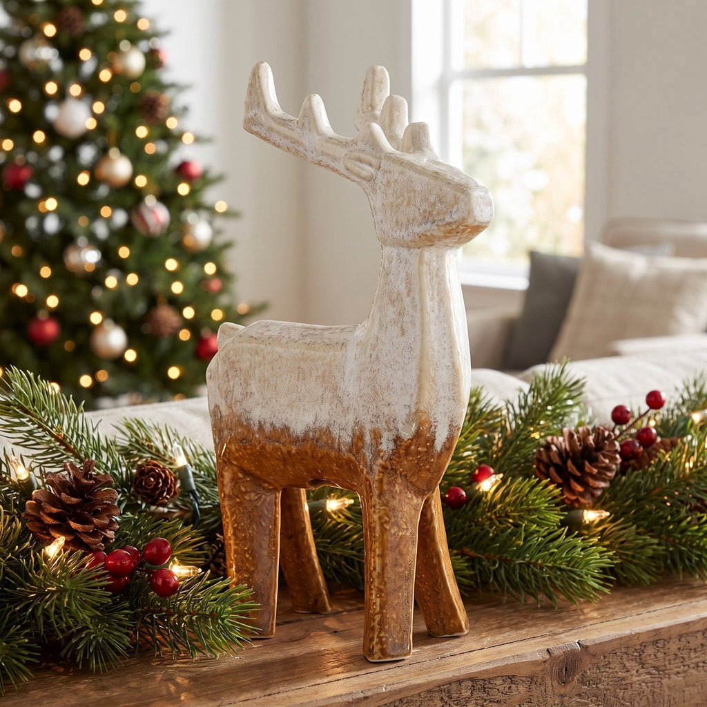 Large Ceramic Standing Deer Christmas Decoration, Cream and Brown, 9", by Holiday Time