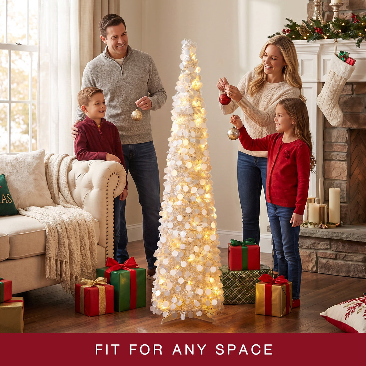 Ayieyill 5ft Pencil Christmas Tree, Collapsible Xmas Tree with Lights, Pop Up Tinsel Tree for Christmas Decorations Indoor, Pink White