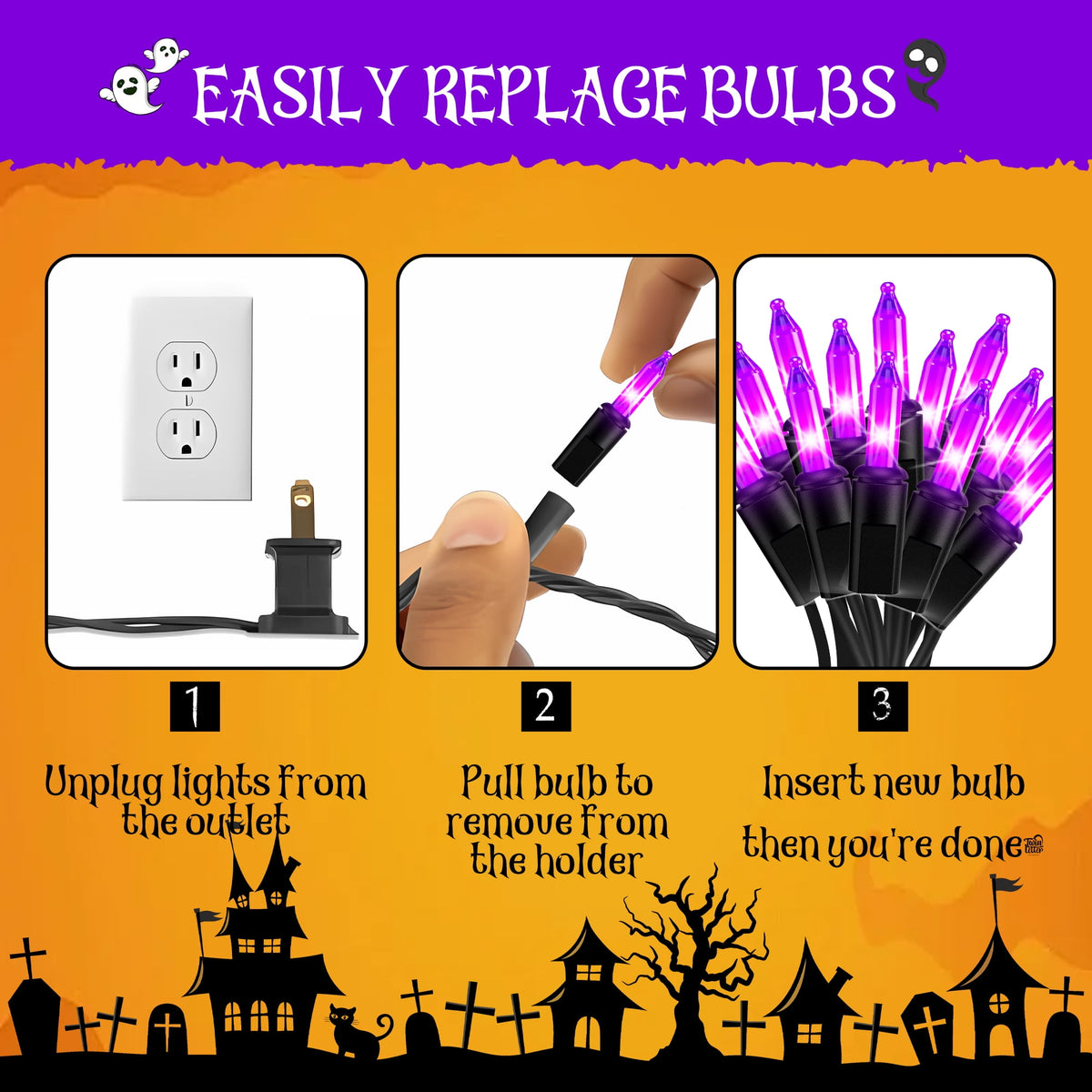 DAYBETTER Halloween String Lights, 32.8ft 100ct Incandescent Mini Lights, with 100 Count Purple Waterproof Bulbs, for Party, Yard, Christmas Tree, Halloween Decorations