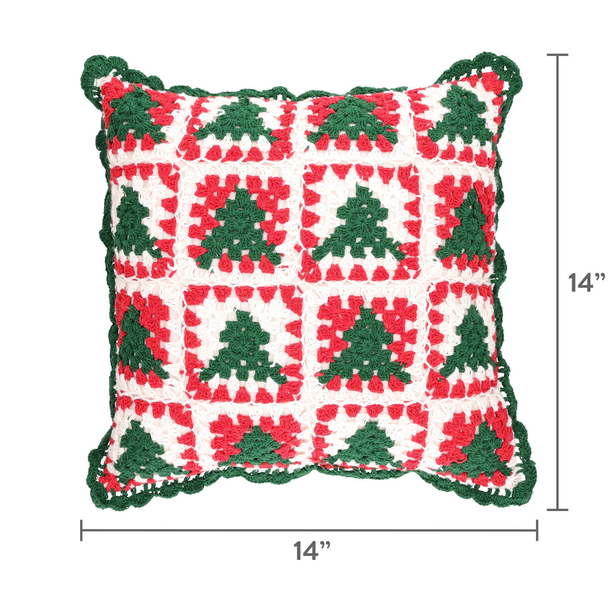 Granny Square Decorative Christmas Pillow, Red/White/Green, 14" x 14", by Holiday Time