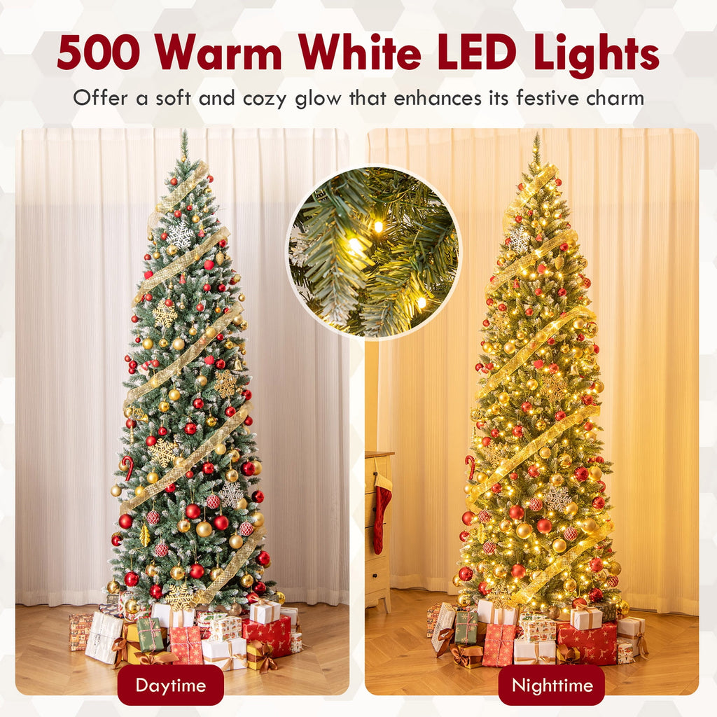 Gymax 9 FT Pre-Lit Artificial Christmas Tree Hinged Slim Pencil Xmas Tree w/ 1298 Snowy Branch Tips