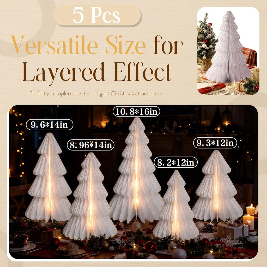 5 Pack Honeycomb Paper Christmas Trees, 3D Christmas Table Centerpieces for Mantel Tabletop Winter Home Decor