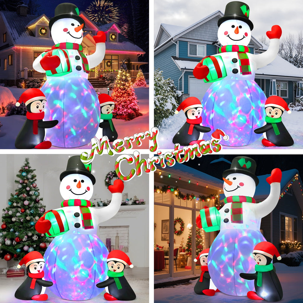 Yexmas 6.3 FT Christmas Inflatable Snowman with Penguins and Gift Box, Rotating LED Lights, Outdoor Christmas Blow Up Yard Decoration