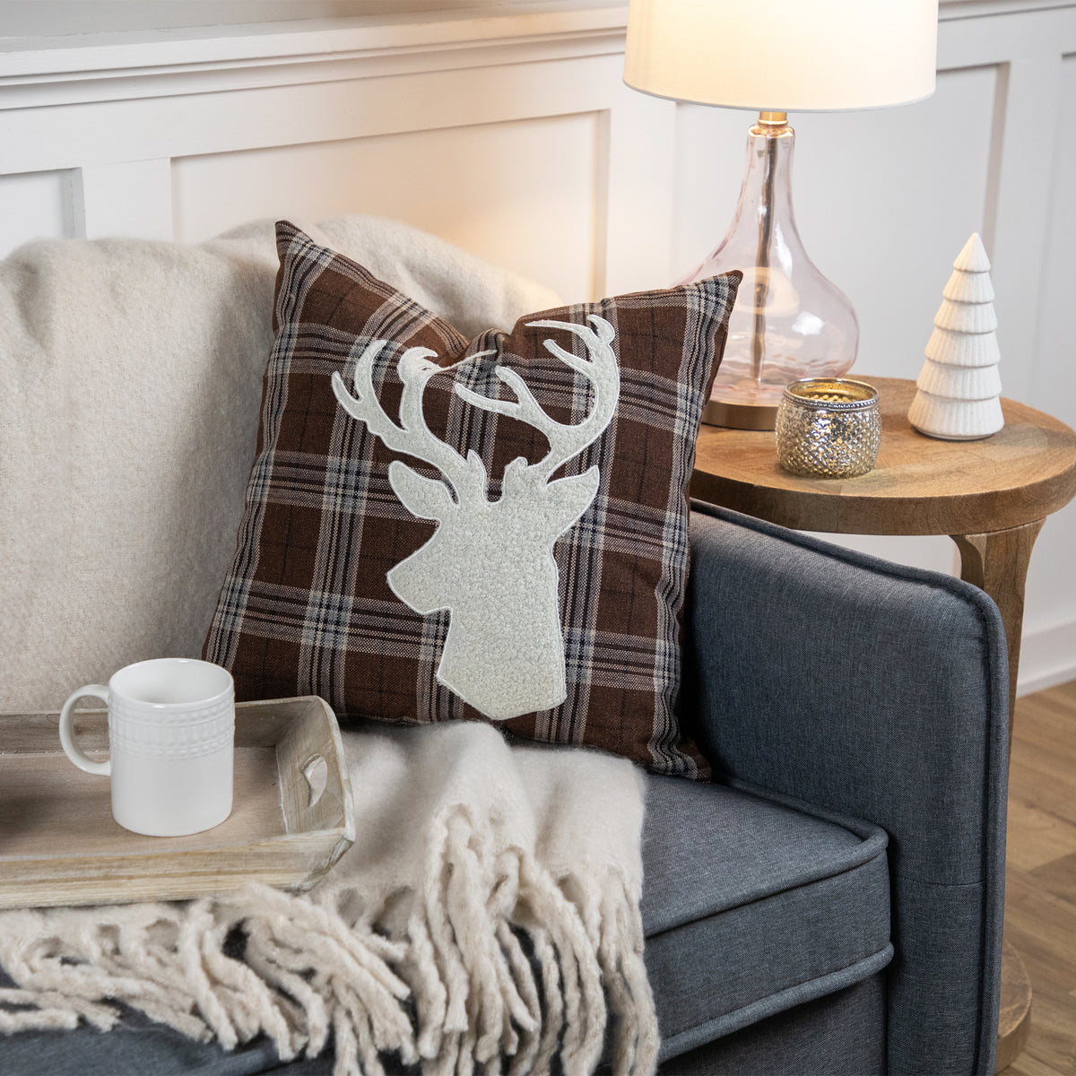 Northlight 16.5" Brown Plaid Stag Christmas Throw Pillow