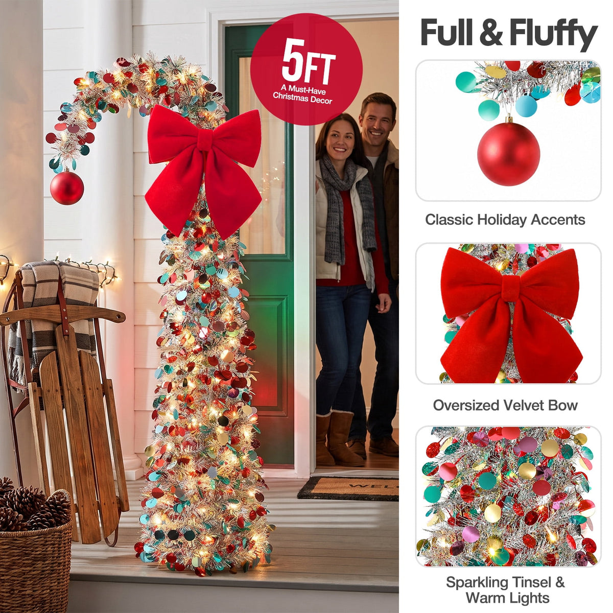 Ayieyill Christmas Tree 5FT Pencil Christmas Tree, Collapsible Pop up Tinsel Tree for Christmas Decorations Indoor, Pink