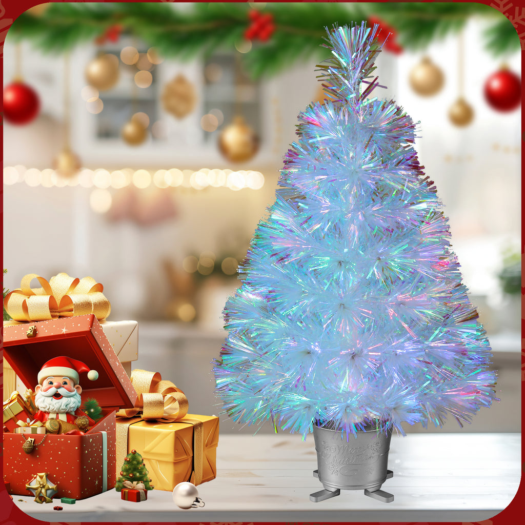 YUETJIN 24 Pre-Lit Mini Fiber Optic Tabletop Artificial Christmas Tree with Seven Colors LED Lights in with Gold Base Pot