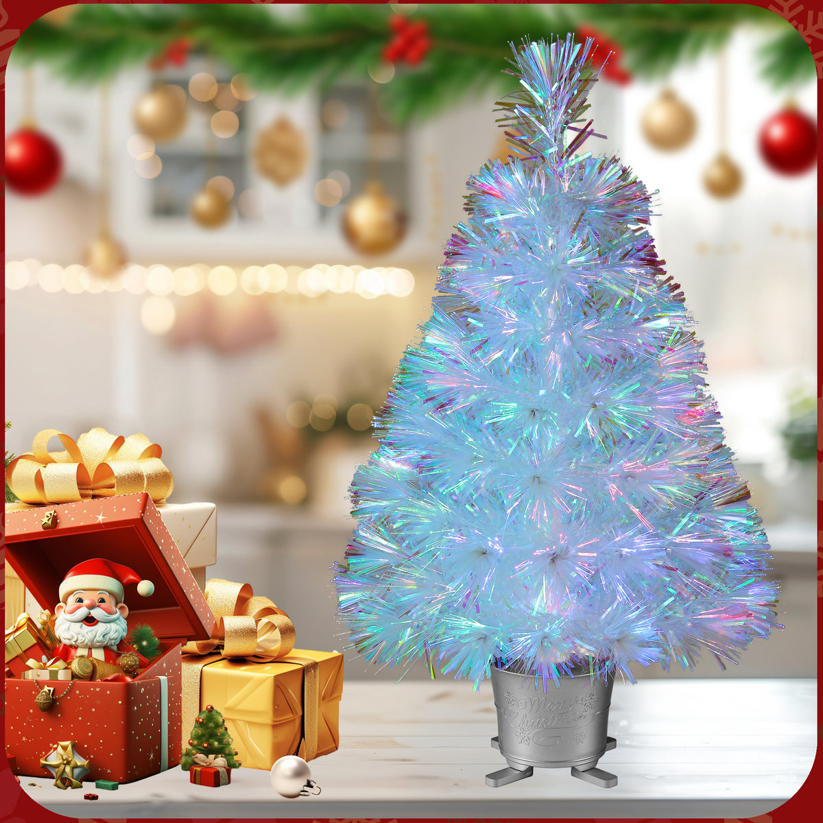 YUETJIN 24 Pre-Lit Mini Fiber Optic Tabletop Artificial Christmas Tree with Seven Colors LED Lights in with Gold Base Pot