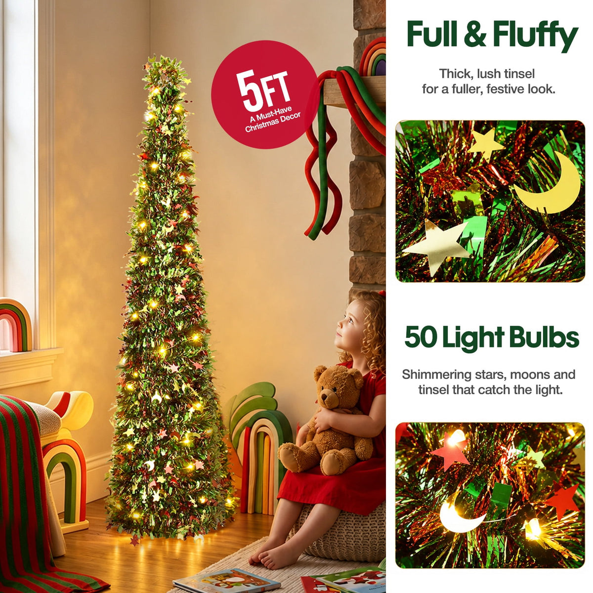 Ayieyill 5ft Pop up Christmas Tree,Color Artificial Pencil Tinsel Xmas Trees for Christmas Indoor Decorations, Collapsible Christmas Tree (Silver)