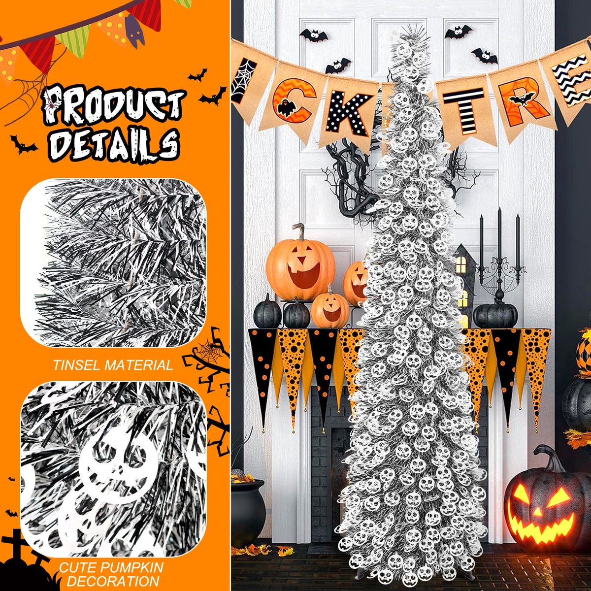 Ayieyill 5ft Halloween Tree Prelit, Pencil Pop up Tree with Light Halloween Decoration | Indoor | Black