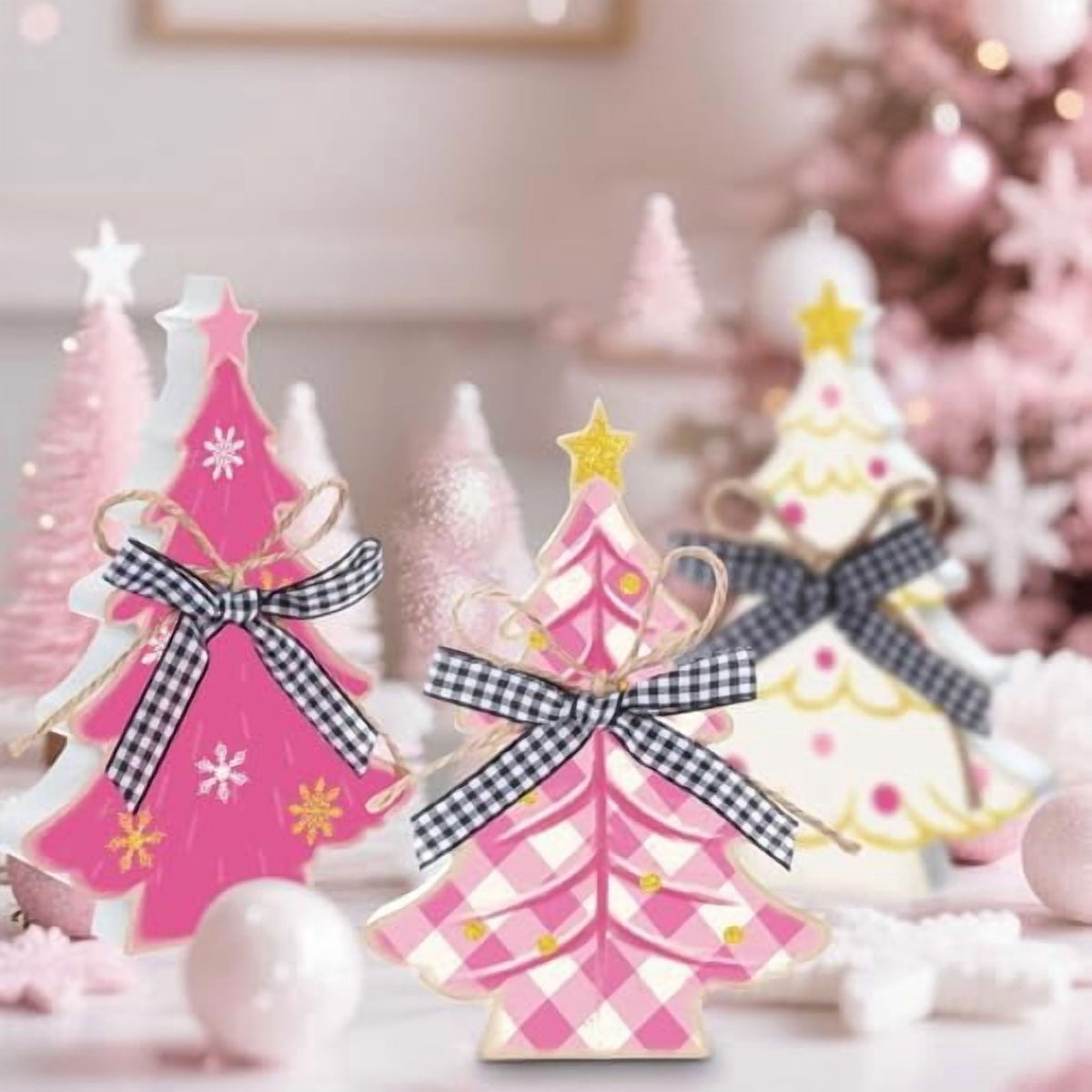 3 Piece Pink Wooden Christmas Tree Tabletop Decorations Rustic Farmhouse Holiday Centerpieces