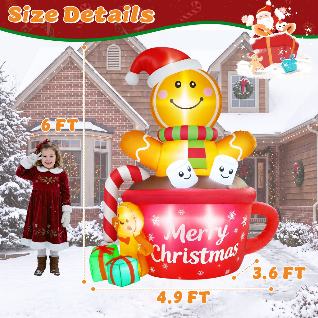 Yexmas 6FT Christmas Inflatable Gingerbread Man in Hot Cocoa Mug Blow Up Decor with LED Lights, Candy Cane, Marshmallows and Gift Box, for Yard, Lawn,Garden