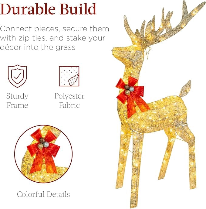 CONCETTA 4ft Lighted Christmas Reindeer & Sleigh Yard Decoration, Outdoor Holiday Lighted Display w/ 180 LED Lights, White Red