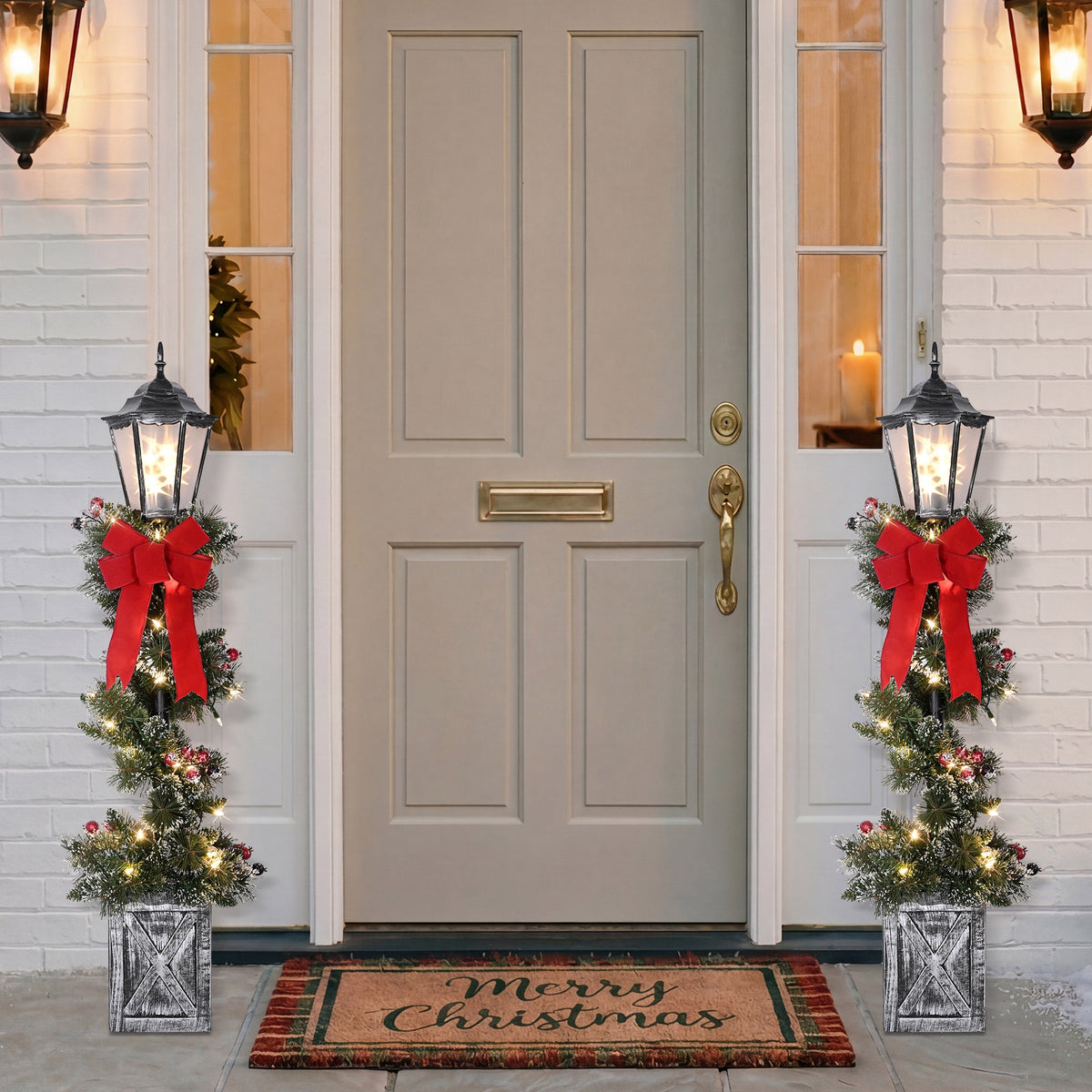 Puleo International Set of 2 Pre-Lit 4ft Christmas Glittery Lamp Posts Lantern Lights 50 Warm White LED Lights